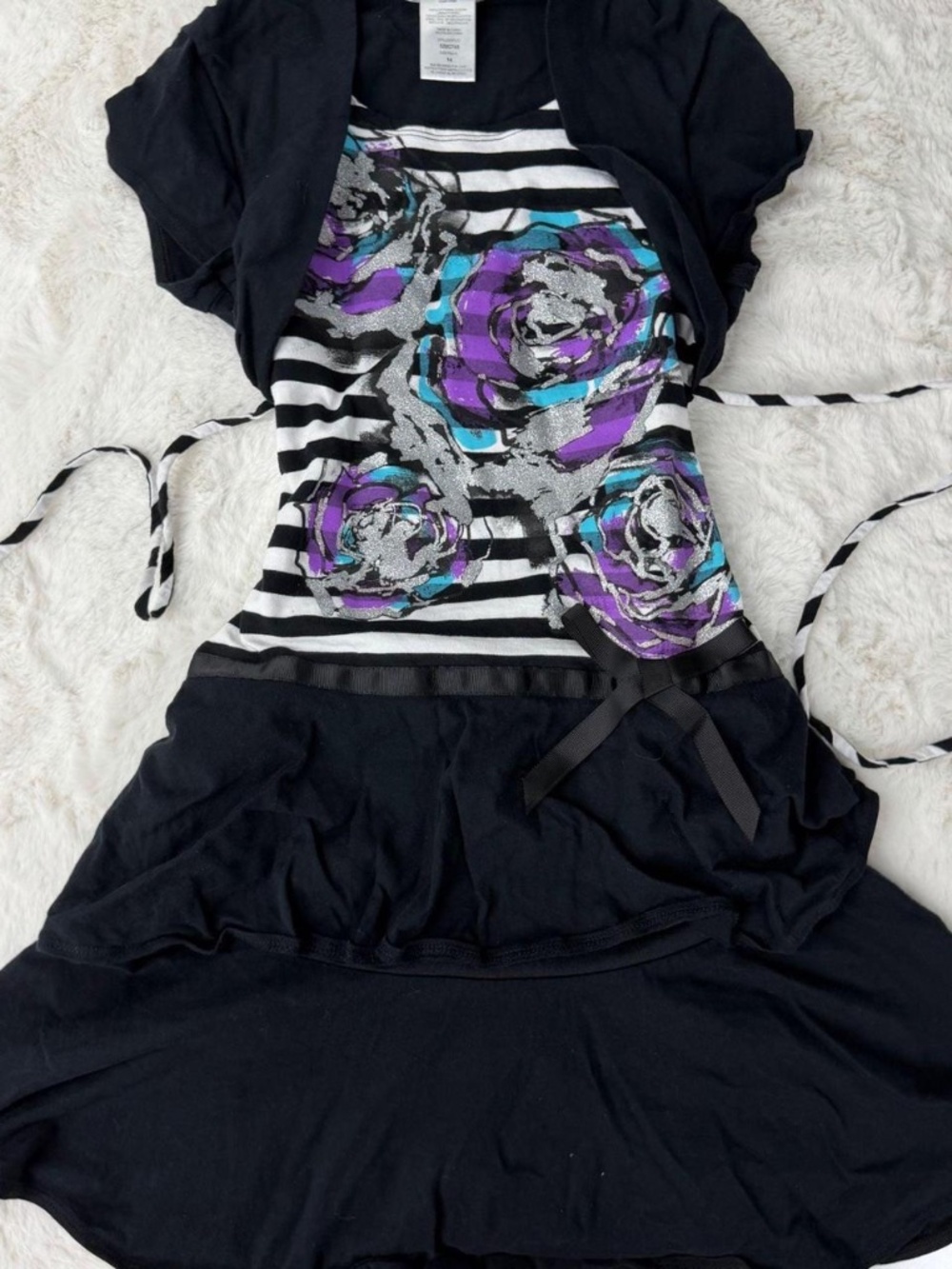 Disorderly Kids Girls Black and White Striped Floral Print Ruffle Dress Size 14